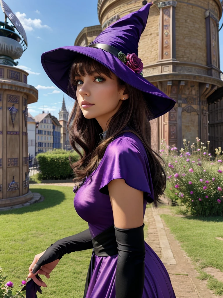 a beautiful girl, perfect face, arms at sides, masterpiece, ultra high res, high quality, 4k, upper body:1.5,  lisa (genshin impact), urple witch hat, green eyes, brown hair, (PureErosFace_V1:0.008), (european:1.6), bangs, dress, rose, jewelry, witch, capelet, purple headwear, black gloves, purple flower, hair between eyes, purple rose, parted lips, purple capelet, hat flower, multicolored dress, hair ornament,  windmill, from side,