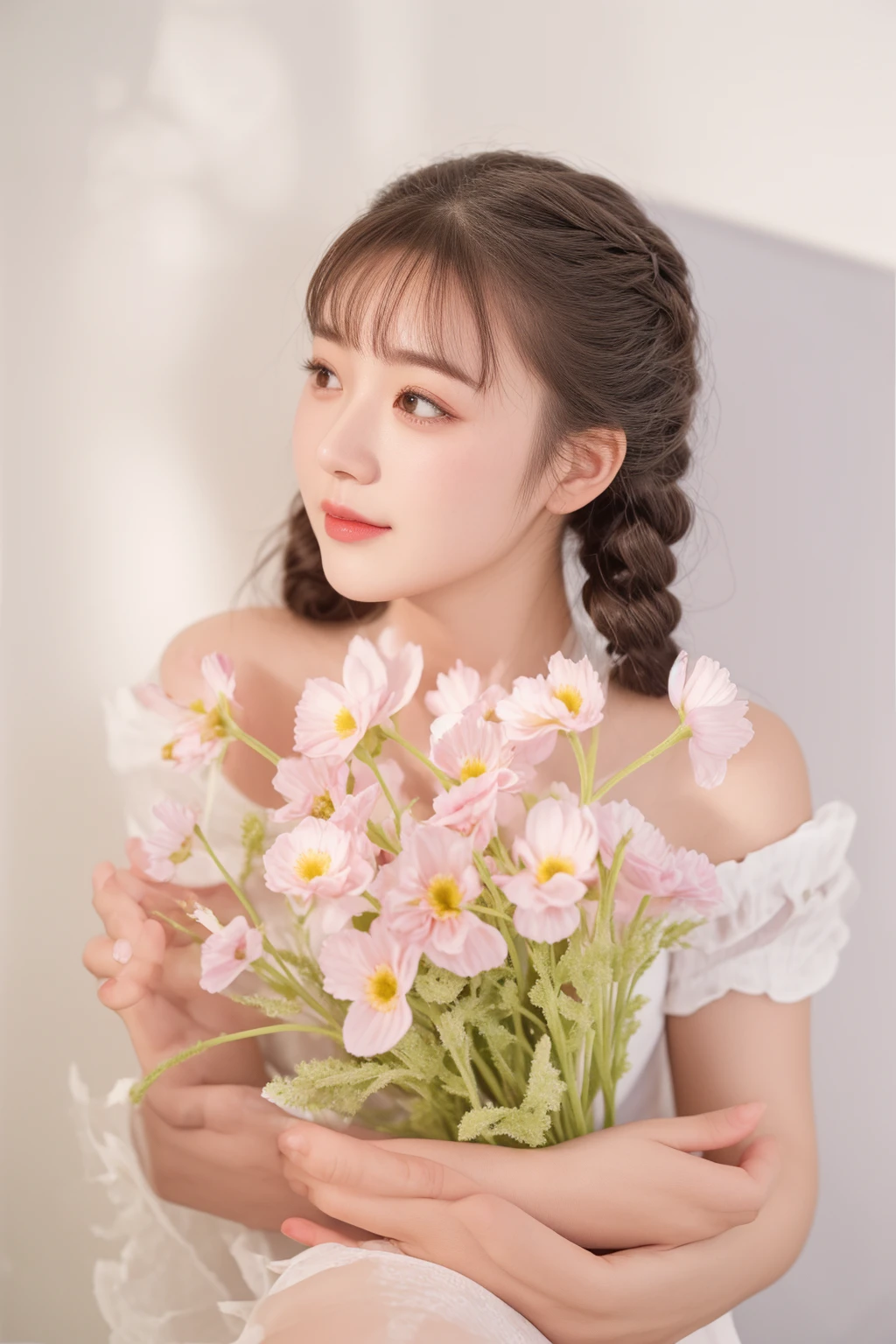 there is a woman holding a bouquet of flowers in her hands, with flowers, Chiho, sakimi chan, Ghost Festival, dilraba dilmurat, Yoshitomo Nara, pigtails hairstyle, a cute young woman, photo taken with canon 5d, holding flowers