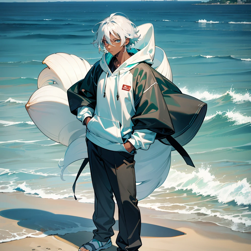 1male, young teen, dark skin, finely detailed aqua eyes, wild medium hair, seashell white hair color, oversized hoodie, long sleeve compression shirt, standing with hand In pocket, tokyo streets, day time, beach, somber expression, muscular, flowers