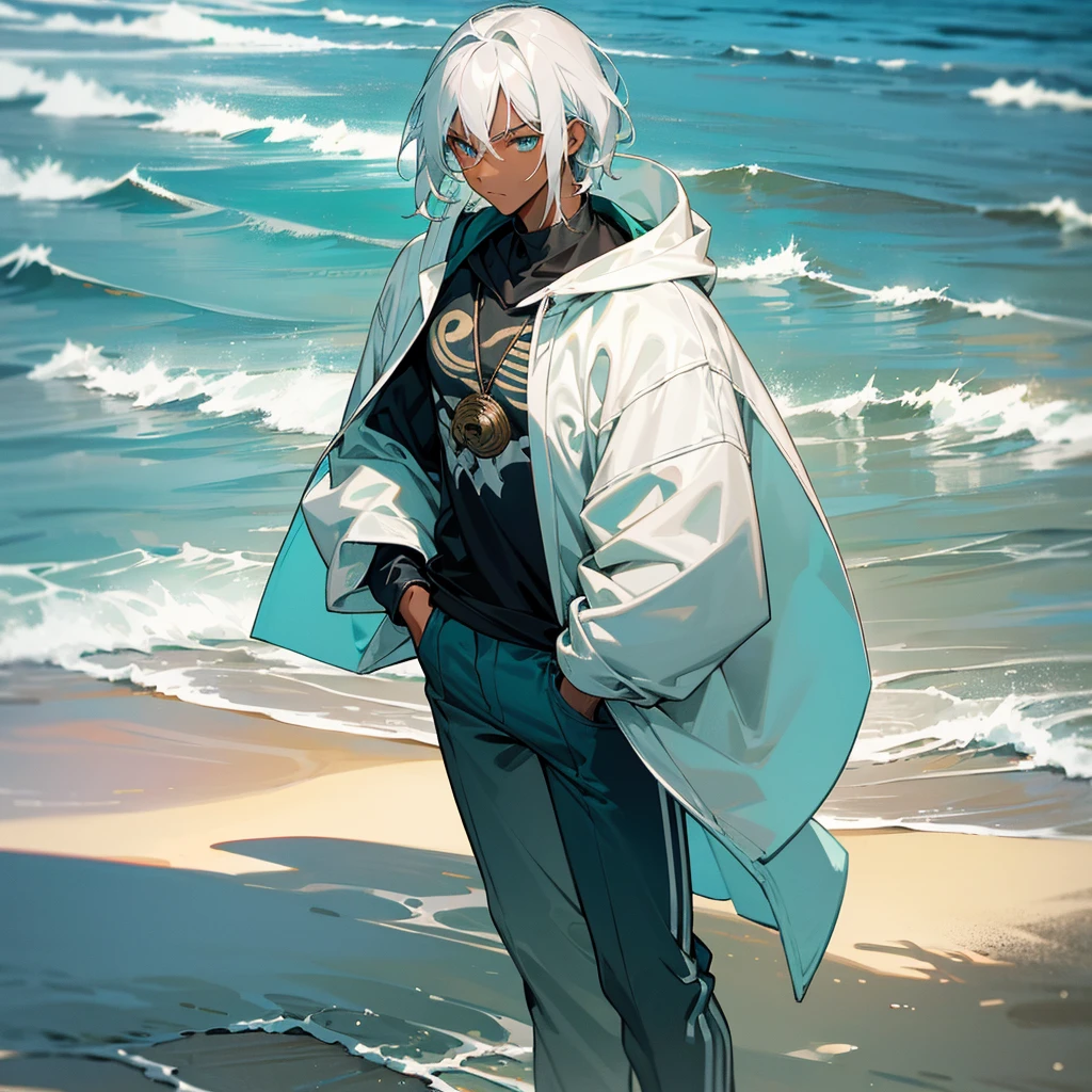 1male, young teen, dark skin, finely detailed aqua eyes, wild medium hair, seashell white hair color, oversized hoodie, long sleeve compression shirt, standing with hand In pocket, tokyo streets, day time, beach, somber expression, muscular, flowers