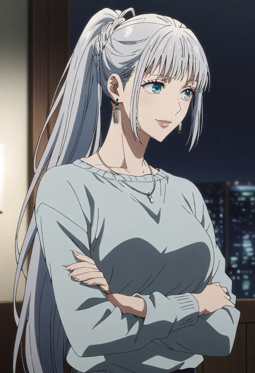1girl, female gojo satoru, anime screencap from jujutsu kaisen, gojo satoru female version, solo, very long_hair, ((side bangs)),(ponytail), blue eyes ((silver_hair)), night view, breasts, upper_body, smile, indoors, book, bangs, red_eyes, lips, ((her hairstyle : The character in the image has long straight silver hair)) wearing sweater, breast, "very detailed and high resolution" (blue eyes) ((cross arms)) ((very long hair)) ((solo)) Earings, necklace