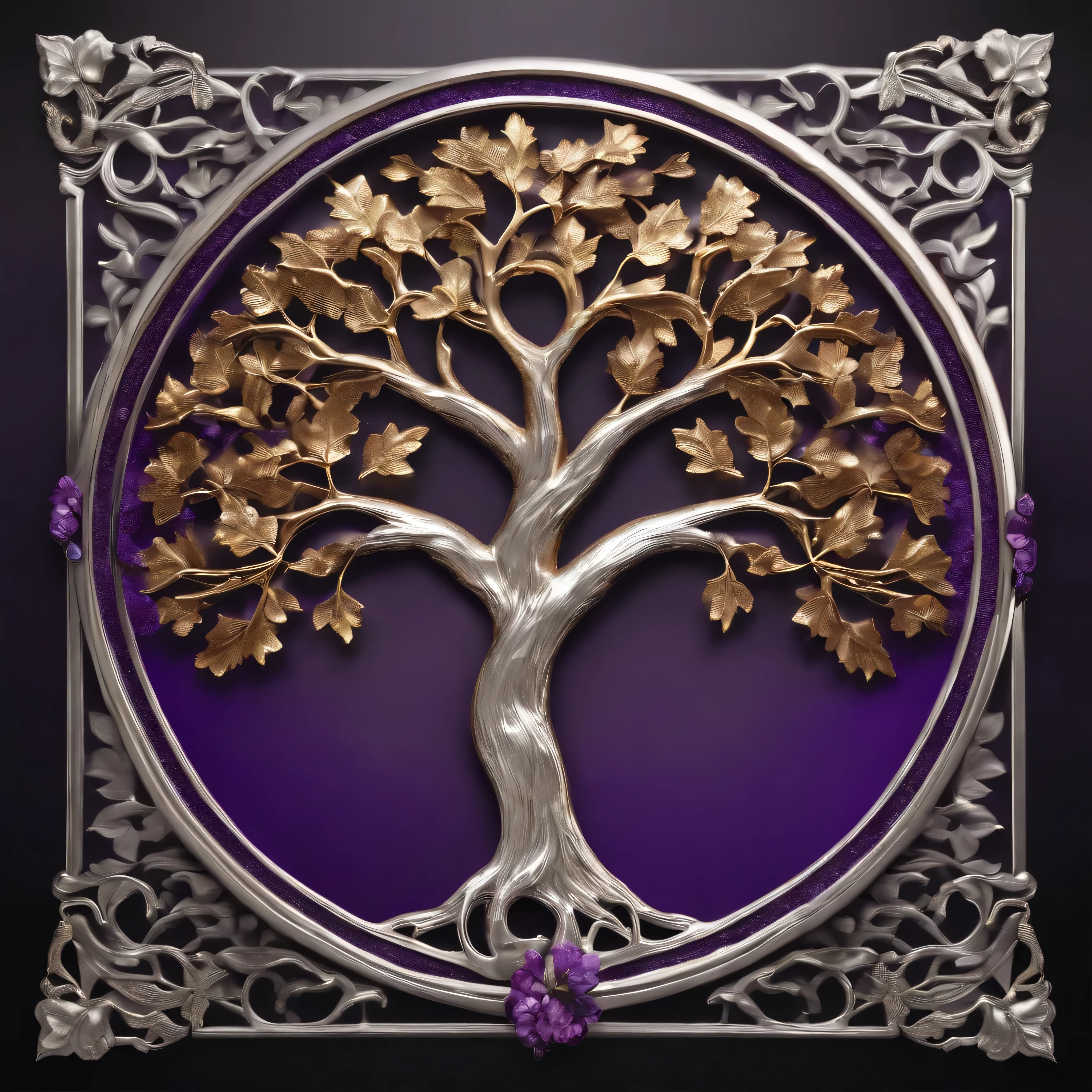 Create a logo showing a tall oak tree made out of solid sterling silver trunk and gold leaves. Purple background