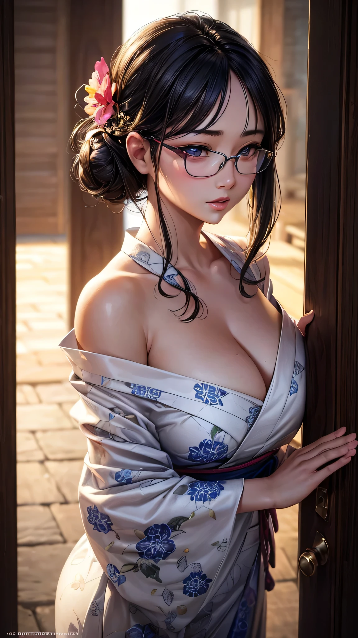 1 girl, glasses, big breasts, yukata, open the door for you, detailed face, beautiful eyes, long eyelashes, detailed lips, detailed skin, intricate details, elegant, beautiful lighting, cinematic, warm colors, soft focus, photorealistic, masterpiece, 8k, ultra-detailed, (best quality, 4k, 8k, highres, masterpiece:1.2), ultra-detailed, (realistic, photorealistic, photo-realistic:1.37)