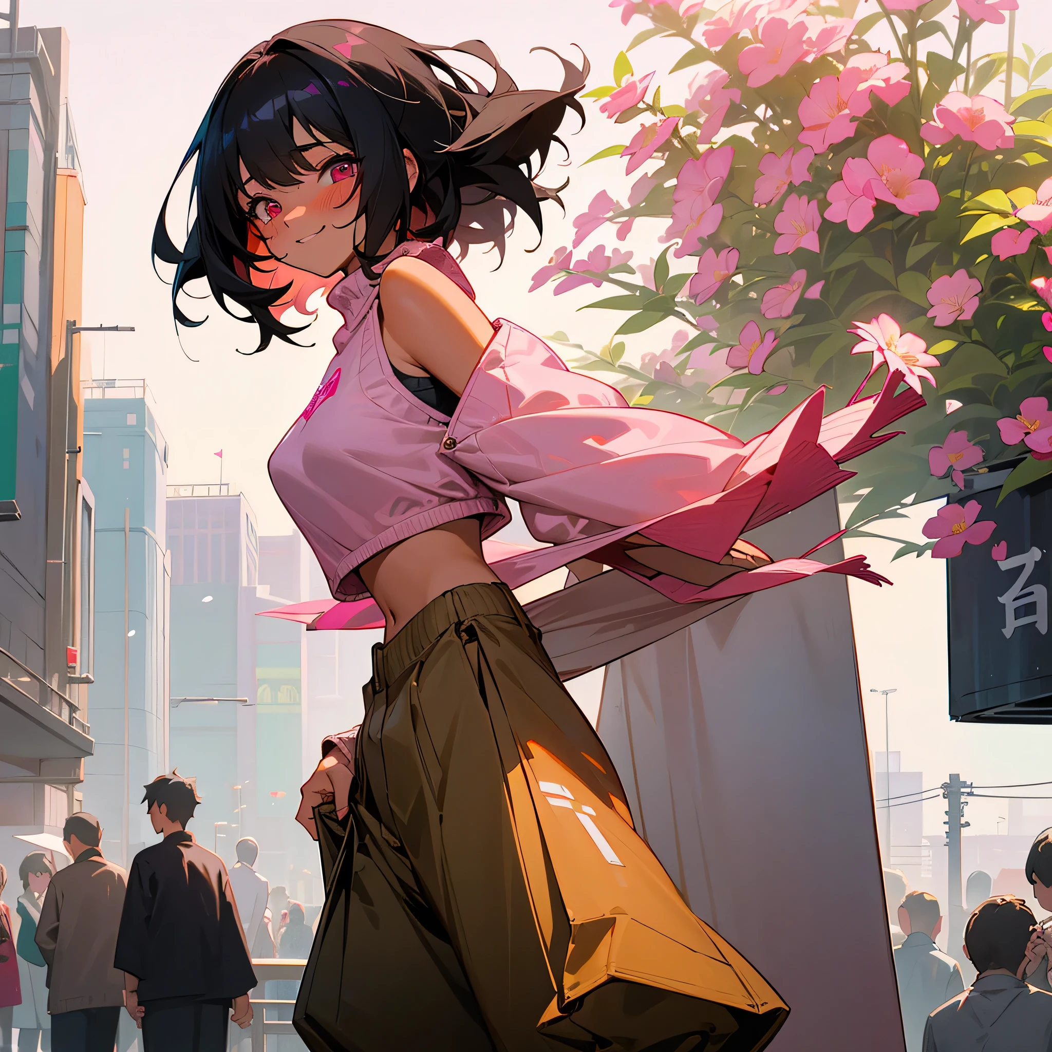 1female, sexy, , tan skin, finely detailed pink eyes, wild medium hair, black hair color, crop top oversized sweater, baggy pants, standing on building, day time, tokyo streets, happy expression, flowers, blushing