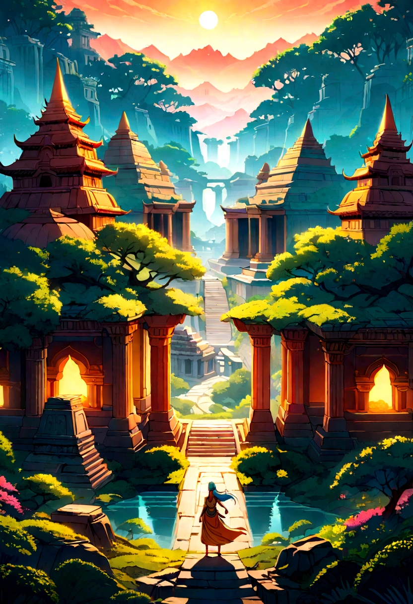 Epic panoramic scene of Rama and Sita in a lush, mythical Indian landscape, stylized animation, vibrant colors, ancient temples in background, cinematic lighting