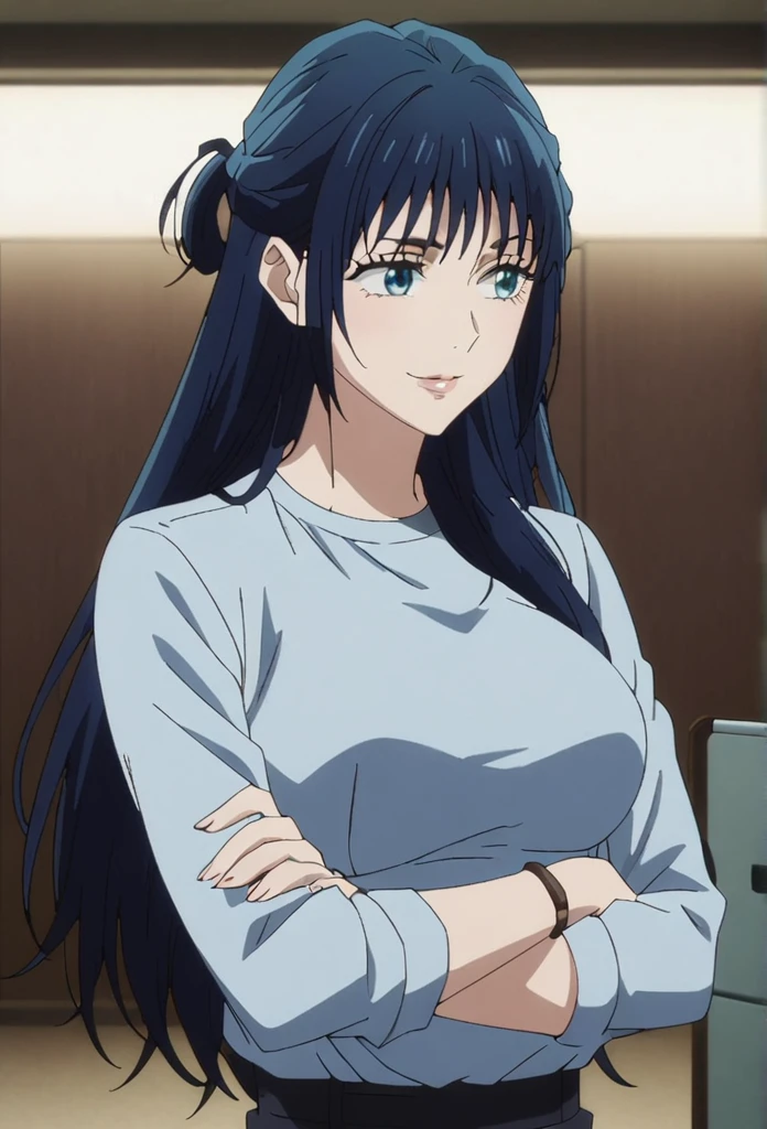 1girl, female gojo satoru, anime screencap from jujutsu kaisen, gojo satoru female version, solo, long_hair, blue eyes ((blue_hair)), night view, breasts, upper_body, smile, indoors, book, bangs, red_eyes, lips, ((her hairstyle : The character in the image has long straight blue hair)) (wearing office outfit, breast, "very detailed and high resolution" (blue eyes) ((cross arms))  ((long hair)) ((solo)) 