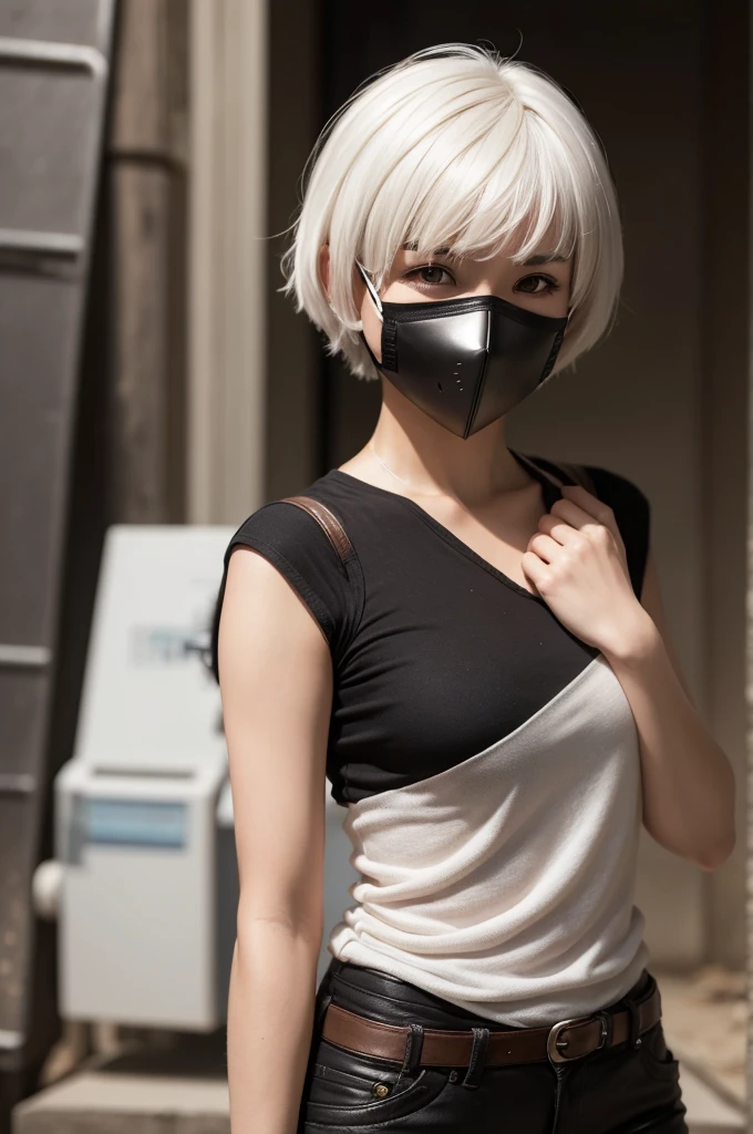 Female with short white hair with bangs and wears a mask on her face Free fire 
