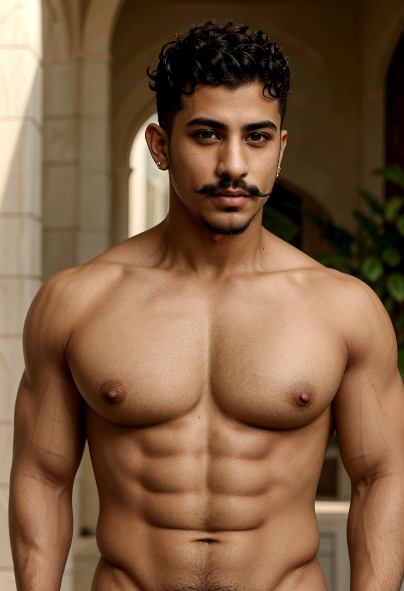 young arab man, curly hair cut on the sides of the ears muscular body with a goatee and a fine mustache green eyes