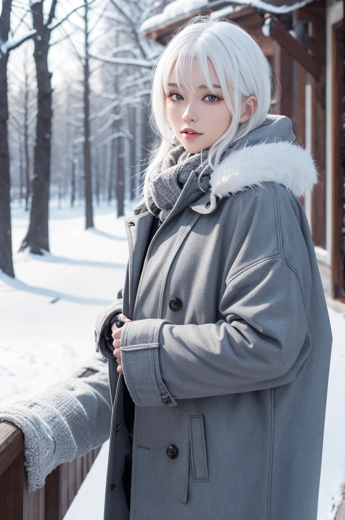  with white hair and winter clothes