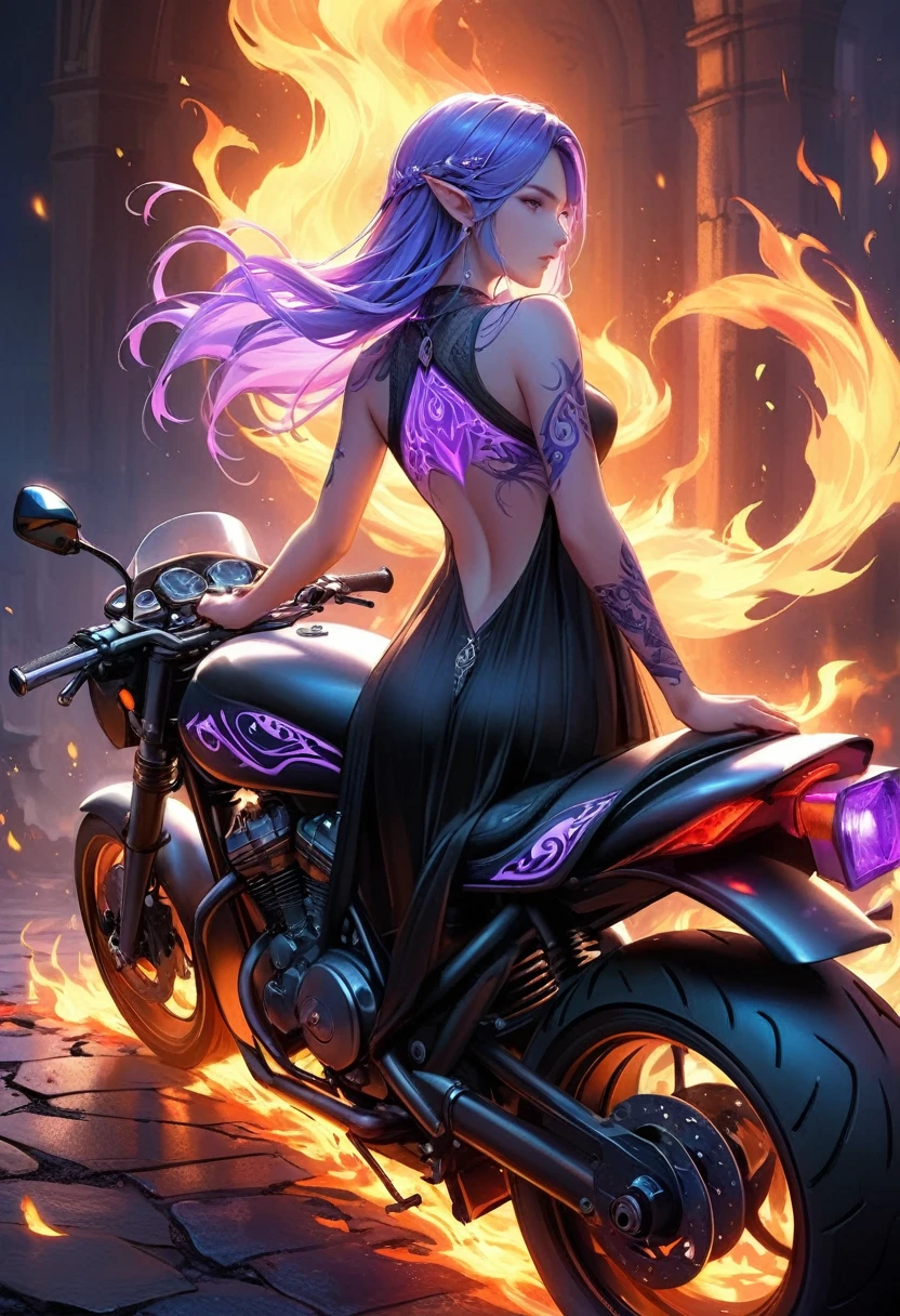 Arafed, Dark fantasy art, fantasy art, goth art, a picture of a tattoo on the back of a female elf, a glowing tattoo of a ((motorcycle: 1.3)) on the elf's back, the ((motorcycle tattoo)) is vivid, intricate detailed coming to life from the ink to real life, GlowingRunesAI_purple, ((fire surrounds the motorcycle: 1.5)), shot taken from the back, ((the back is visible: 1.3), she wears a transparent black dress, the dress is elegant, flowing, elven style, that the tattoos glow, dynamic hair color, dynamic hair style, faize,, Digital Painting