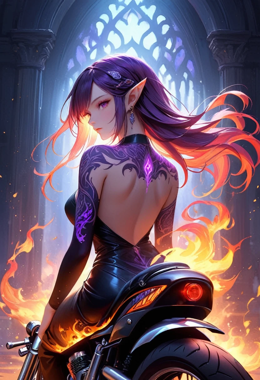 Arafed, Dark fantasy art, fantasy art, goth art, a picture of a tattoo on the back of a female elf, a glowing tattoo of a ((motorcycle: 1.3)) on the elf's back, the ((motorcycle tattoo)) is vivid, intricate detailed coming to life from the ink to real life, GlowingRunesAI_purple, ((fire surrounds the motorcycle: 1.5)), shot taken from the back, ((the back is visible: 1.3), she wears a transparent black dress, the dress is elegant, flowing, elven style, that the tattoos glow, dynamic hair color, dynamic hair style, faize,, Digital Painting