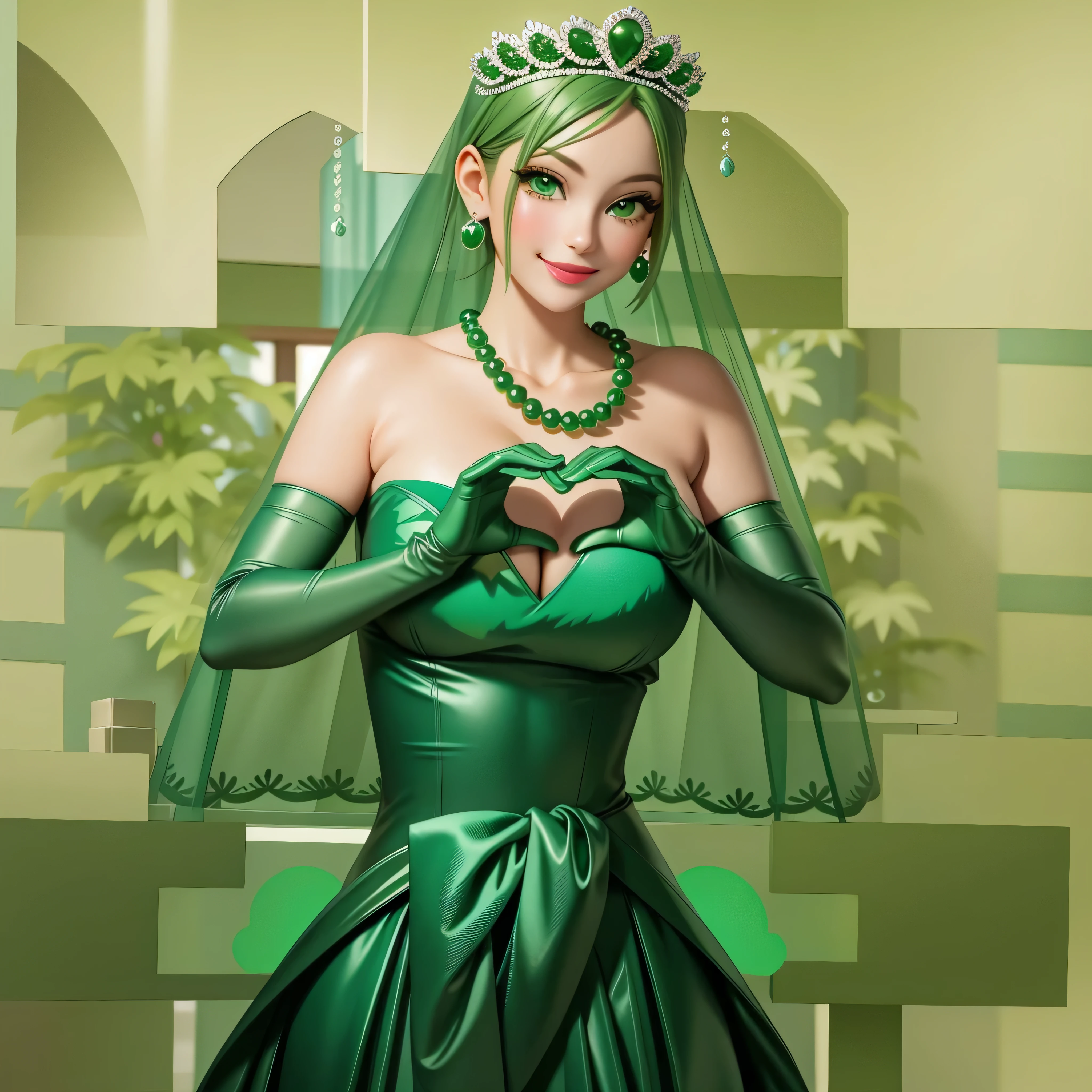 emerald tiara, Green Pearl Necklace, Boyish very short green hair, Green Lips, Smiling Japanese woman, Very short hair, Busty beautiful lady, Green Eyes, Green satin long gloves, Green Eyes, Emerald Earrings, Green veil, Heart with both hands, Green Hair, Beautiful Japanese Woman, Heart shaped hands:1.3, green lip gloss