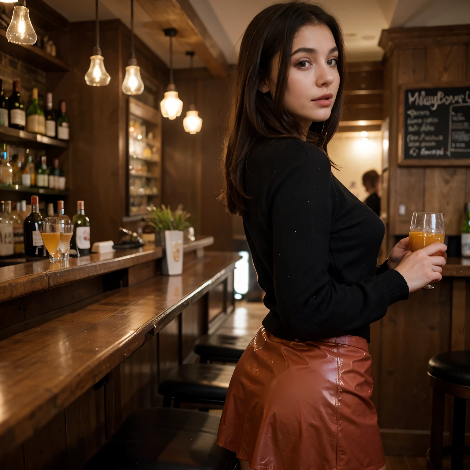 Girl, bright red latex skirt, casual black sweater, bar, from side. crowded bar, men, realistic, high quality