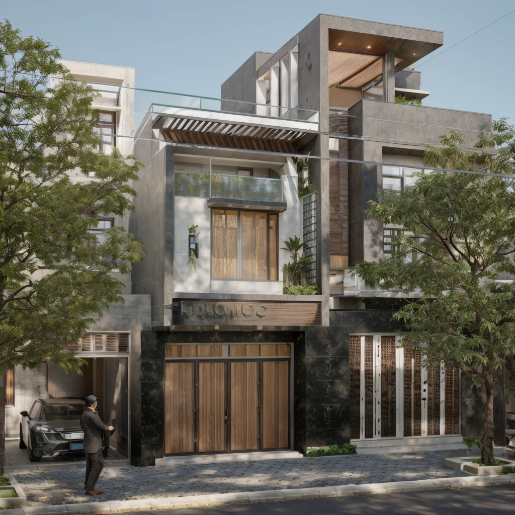 Townhouse in city, (sharp focus) front view of townhouse in style of modern, Vietnamese architecture, east asian architecture, town, blue sky, daylight, warm light, warm atmosphere, high Resolution, 8k, hdr, vray render, hyper realistic, ultra detail, hyper detailed, exterior design  professional photography, exterior photography, wide-angle shot, real world location, road sign, cityscape, pavement, (brown wooden ceilings, ceiling light, glass bancony, the front wall of the ground floor is made by black granite), (bancony have many trees, plans, ivy, palm)