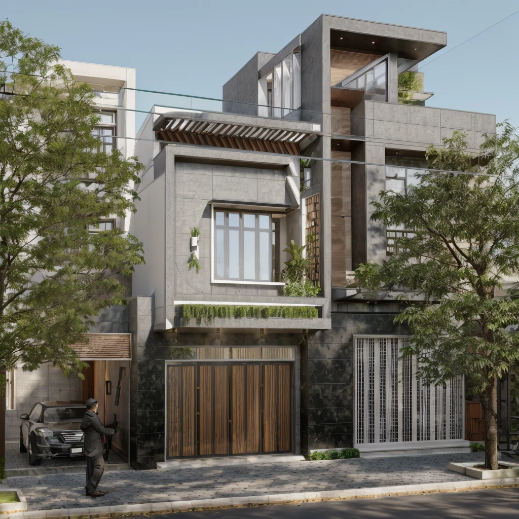 Townhouse in city, (sharp focus) front view of townhouse in style of modern, Vietnamese architecture, east asian architecture, town, blue sky, daylight, warm light, warm atmosphere, high Resolution, 8k, hdr, vray render, hyper realistic, ultra detail, hyper detailed, exterior design  professional photography, exterior photography, wide-angle shot, real world location, road sign, cityscape, pavement, (brown wooden ceilings, ceiling light, glass bancony, the front wall of the ground floor is made by black granite), (bancony have many trees, plans, ivy, palm)