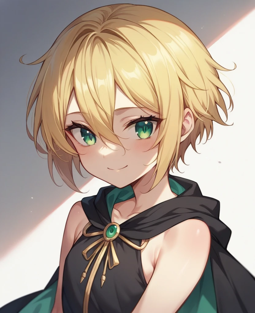 （One girl）、((short hair))、((Blonde))、（Sato Air）、((boyish))、Crossdresser、cute、((flat chest))、green eyes、(Robes)、Black cloak、Black sleeveless、((hairs between eyes))、light smile