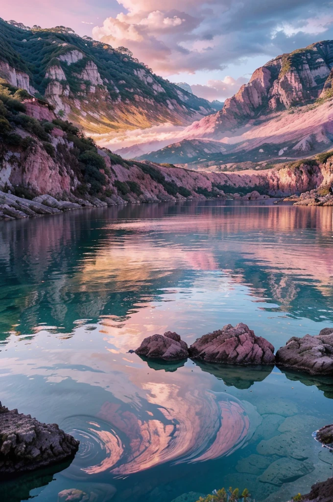a fantastic pink lagoon in spain, serene landscape, calm waters, vibrant pink hues, dramatic sky with clouds, rocky cliffs, lush greenery, beautiful reflections on water, photo-realistic, 8k, extremely detailed, vivid colors, cinematic lighting, dramatic composition, masterpiece, stunning scenery