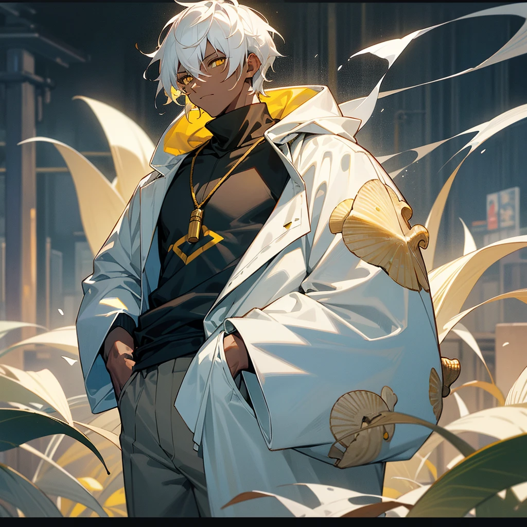 1male, young , dark skin, finely detailed yellow eyes, wild medium hair, seashell white hair color, oversized hoodie, long sleeve compression shirt, standing with hand In pocket, tokyo streets, day time, somber expression, muscular, flowers