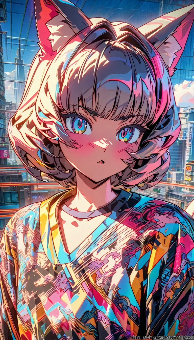 ((masterpiece, best quality)), very aesthetic, ultra detailed, intricate details, highly detailed, UHD, HDR, 8K, perfect face, 1girl, cat girl, cat tail, Retro_wave_style, Vector lines, city, (newest anime art style)