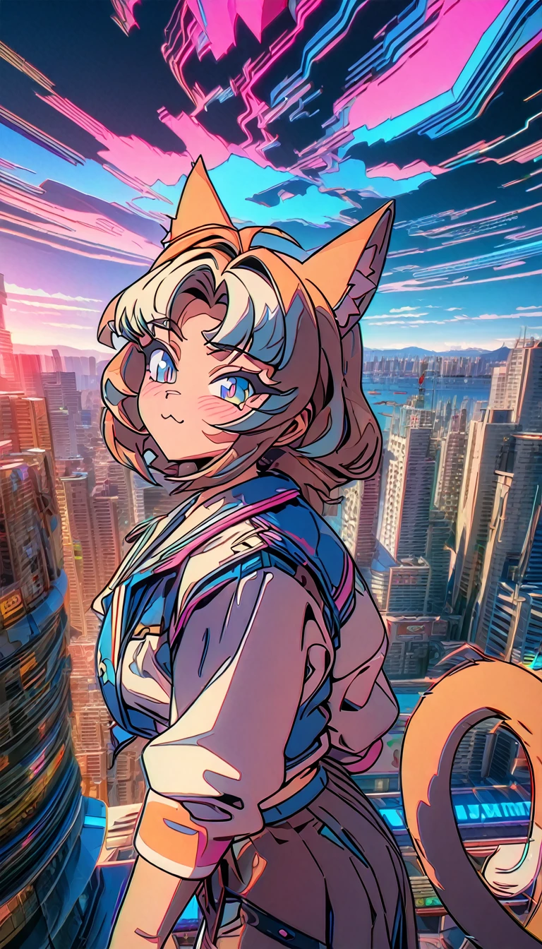 ((masterpiece, best quality)), very aesthetic, ultra detailed, intricate details, highly detailed, UHD, HDR, 8K, perfect face, 1girl, cat girl, cat tail, Retro_wave_style, Vector lines, city, (newest anime art style)