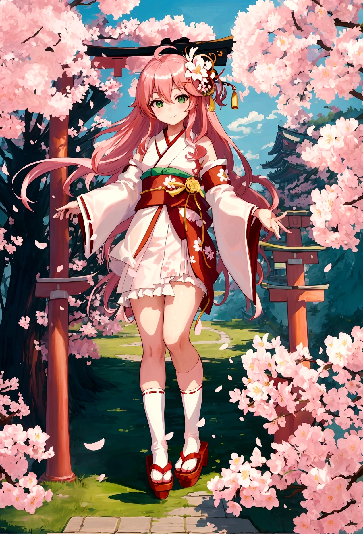 ((masterpiece,Highest quality)),One girl, cherry blossoms, Day, flower, kimono, View your viewers, Recall, Outdoor, Are standing, torii, wood, Miko 1, sakura miko, Green Eyes, alone, Ahoge, X Hair Ornament, Pink Hair, Single knee socks, Side bust, Hair Clip, Hair Bell, flower柄プリント, Long Hair, Hair between the eyes, One side up, White knee socks, Asymmetrical legwear, Wide sleeves,smile