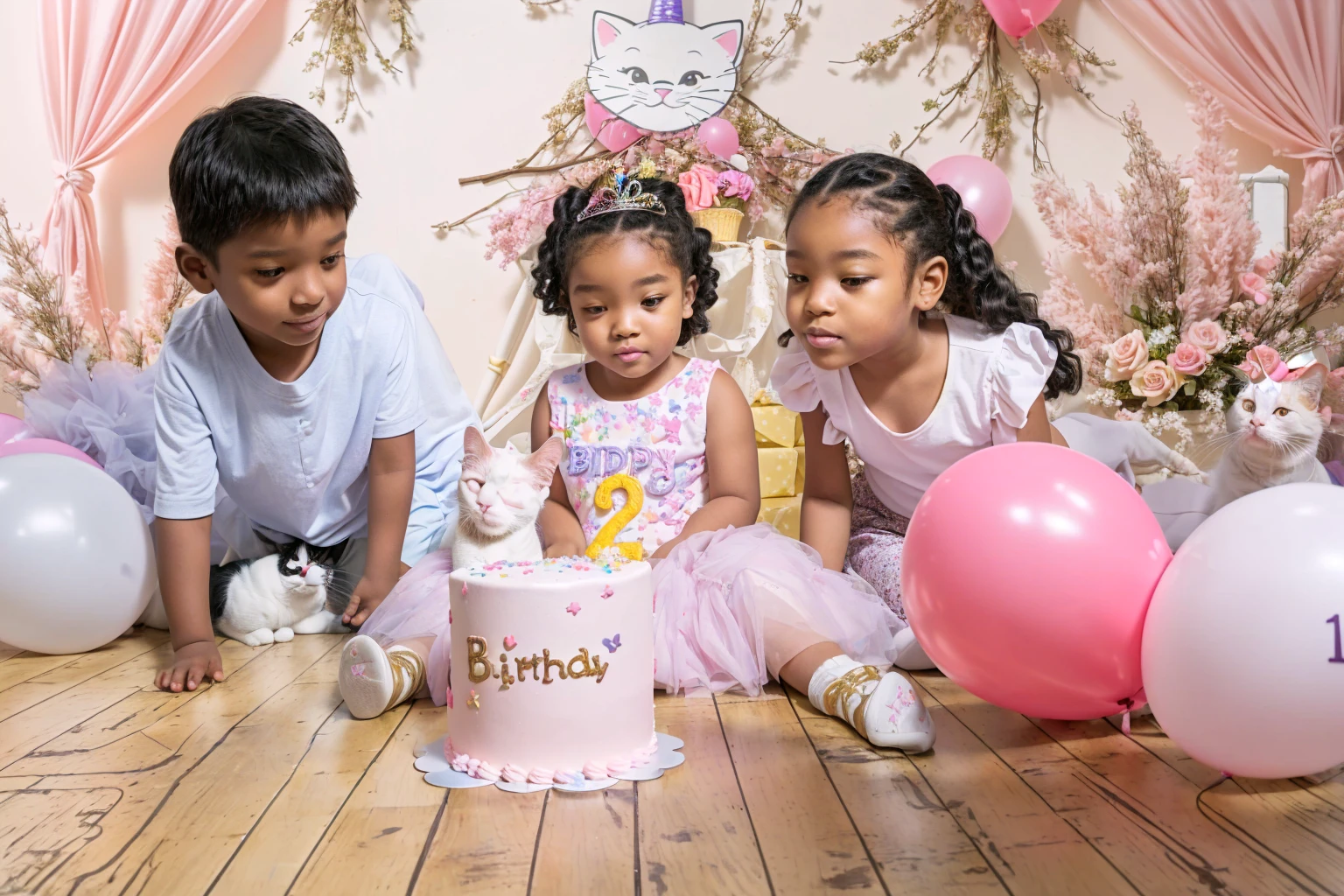 three children sitting on the floor with a birthday cake and balloons, 2 years old, cat party, birthday , photo taken with nikon d750, photo tomada with nikon d 7 5 0, 1614572159, Cat theme banner, beautiful:2, birthday cake on the ground, shot with nikon z9