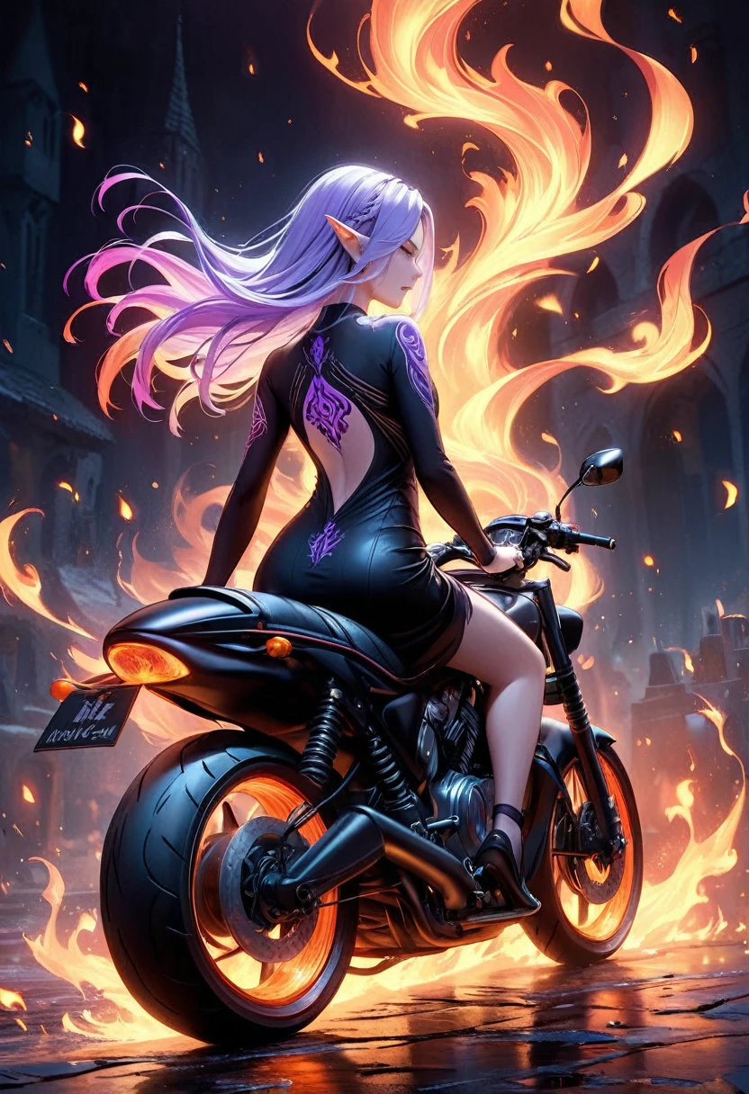 Arafed, Dark fantasy art, fantasy art, goth art, a picture of a motorcycle tattoo on the back of a female elf, a glowing tattoo of a ((motorcycle: 1.3)) on the elf's back, the ((motorcycle tattoo)) is vivid, intricate detailed coming to life from the ink to real life, GlowingRunesAI_purple, ((fire surrounds the motorcycle: 1.5)), shot taken from the back, ((the back is visible: 1.3), she wears a transparent black dress, the dress is elegant, flowing, elven style, that the tattoos glow, dynamic hair color, dynamic hair style, faize,, Digital Painting