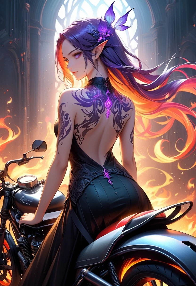Arafed, Dark fantasy art, fantasy art, goth art, a picture of a motorcycle tattoo on the back of a female elf, a glowing tattoo of a ((motorcycle: 1.3)) on the elf's back, the ((motorcycle tattoo)) is vivid, intricate detailed coming to life from the ink to real life, GlowingRunesAI_purple, ((fire surrounds the motorcycle: 1.5)), shot taken from the back, ((the back is visible: 1.3), she wears a transparent black dress, the dress is elegant, flowing, elven style, that the tattoos glow, dynamic hair color, dynamic hair style, faize,, Digital Painting