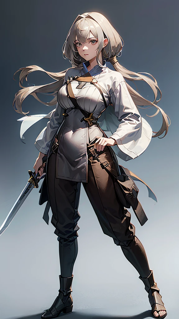 ((Pause)), (To the camera), Character Design, (Young people), ((Female Swordsman), White skin, (Medieval), brown, Gray Hair, whole body, Holding a sword, (Perfect quality), Pure white background