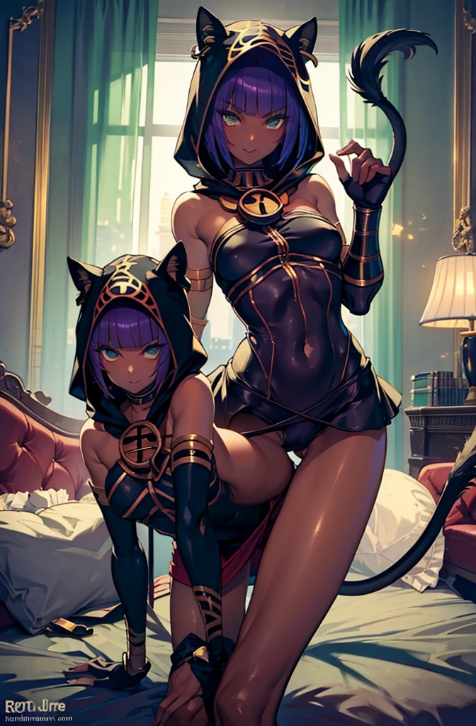 Masterpiece, best quality, absurdres, ((1girl)), , menat_holiday, light smile, dark skin, Green eyes, egyptian, bob cut, red dress, (black hood), black gloves,(shiny thighs),, , bare shoulders,sexy thighs,(((beautiful leg))),((solo)),panty shot,evil smile,,,in bedroom,upskirt,camel toe.one leg up,,stretching,parted lips,lip,tail