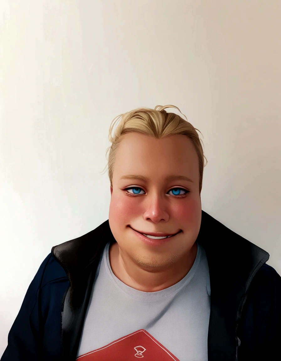 blond, blue colored eyes, Grinning, blue t-shirt