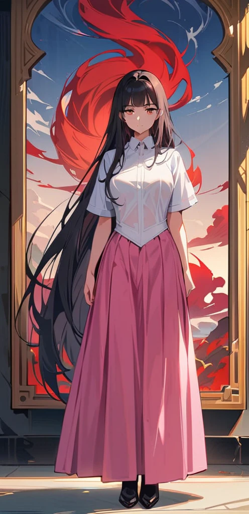 (work of art, highest quallity:1.2), 1 girl, standing alone,They are standing_to divide,
, long hair,blackw无袖短背心,pink skirt,blackw