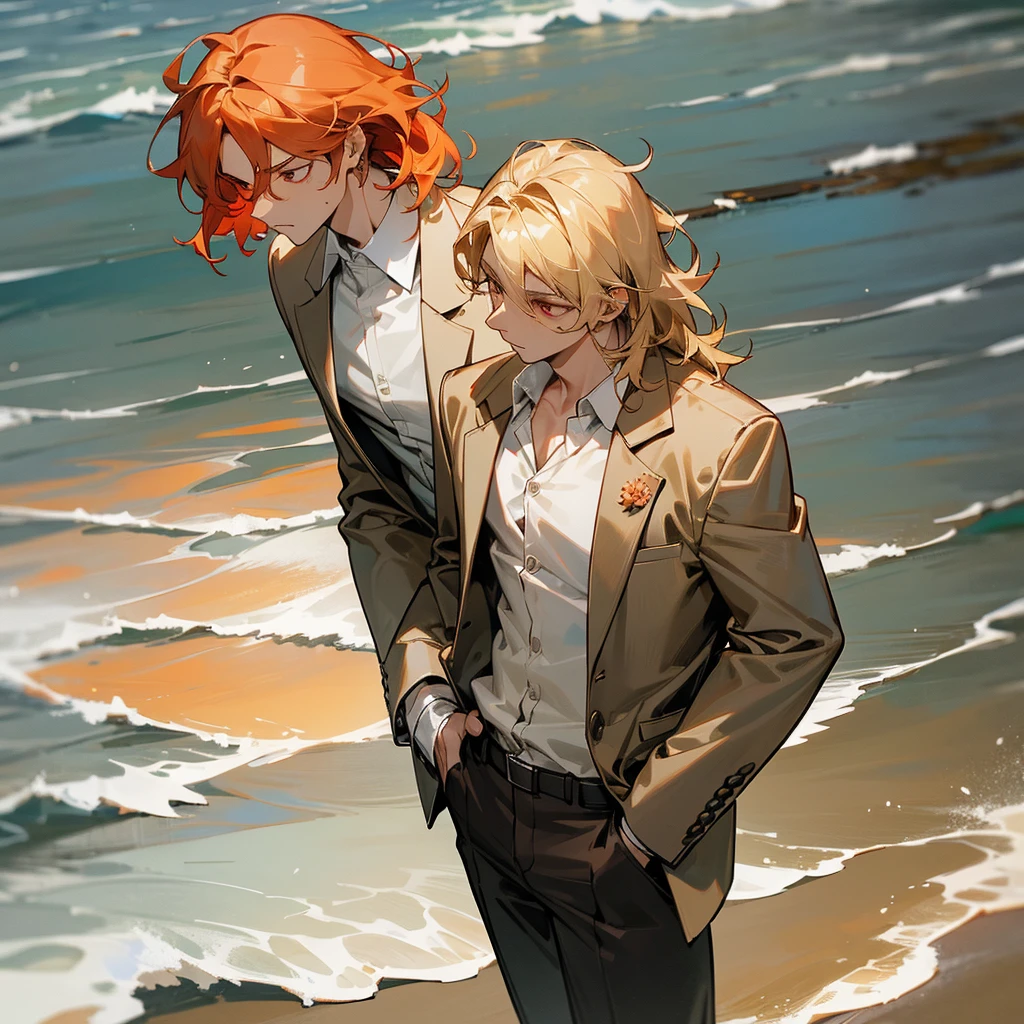 1male, adult, finely detailed red eyes, wild medium hair, blonde hair color, open suit, long sleeve button down shirt, standing with hand In pocket, tokyo streets, day time, beach, somber expression, muscular, flowers