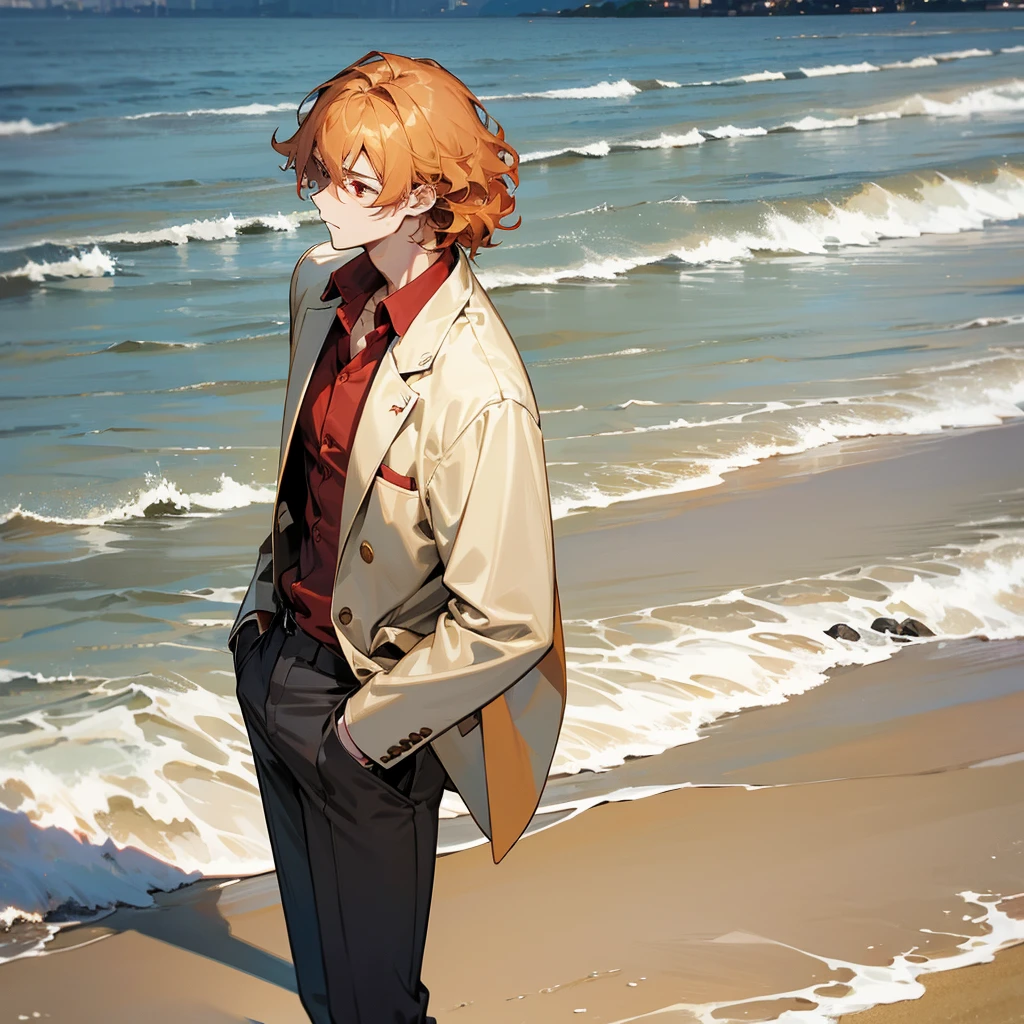1male, adult, finely detailed red eyes, wild medium hair, blonde hair color, open suit, long sleeve button down shirt, standing with hand In pocket, tokyo streets, day time, beach, somber expression, muscular, flowers