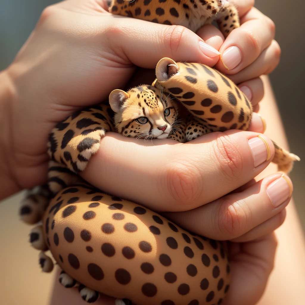 cute baby cheetah clingy on human finger, close up, vibrant
