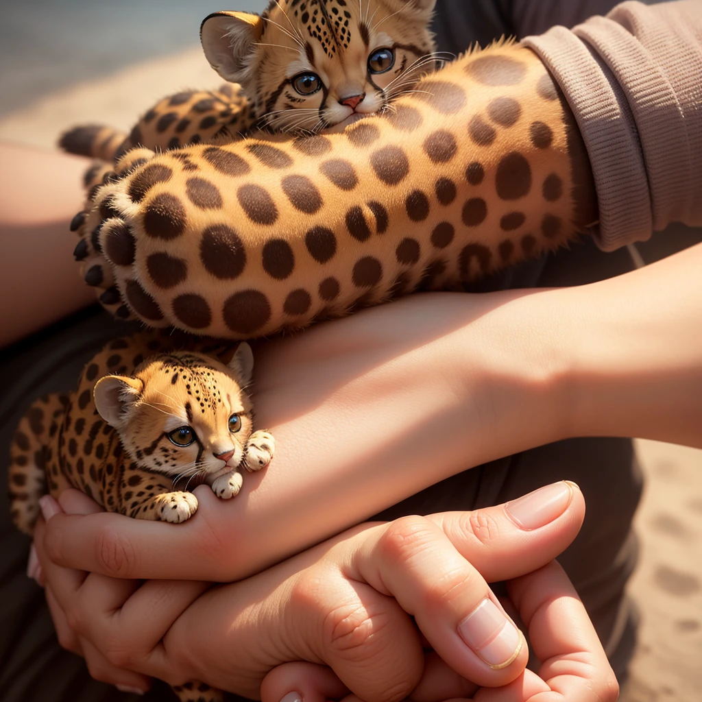 cute baby cheetah clingy on human finger, close up, vibrant