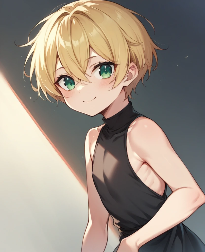 (One girl)、((short hair))、((Blonde))、(Sato Air)、((boyish))、Crossdresser、cute、((flat chest))、green eyes、(Robes)、Black sleeveless、((hairs between eyes))、light smile