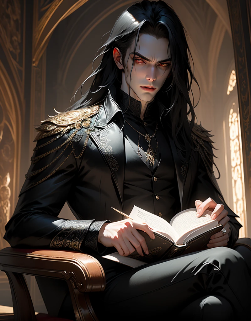 {anatomy}(Masterpiece - Ultra-detailed, very high resolution) Prepare to be enchanted by a true masterpiece that combines ultra-detailed art with high-resolution rendering. This work portrays a vampire man with long black hair (1.3) and captivating golden eyes (1.2), emanating an aura of mystery in decadent settings. The intricate details and realistic textures invite you to explore every aspect of this enchanting composition. Vampire man wearing a black 60s biker vest. 60s. Serious expressions. Pale skin like a vampire. Walking, sitting, standing, reading a book.