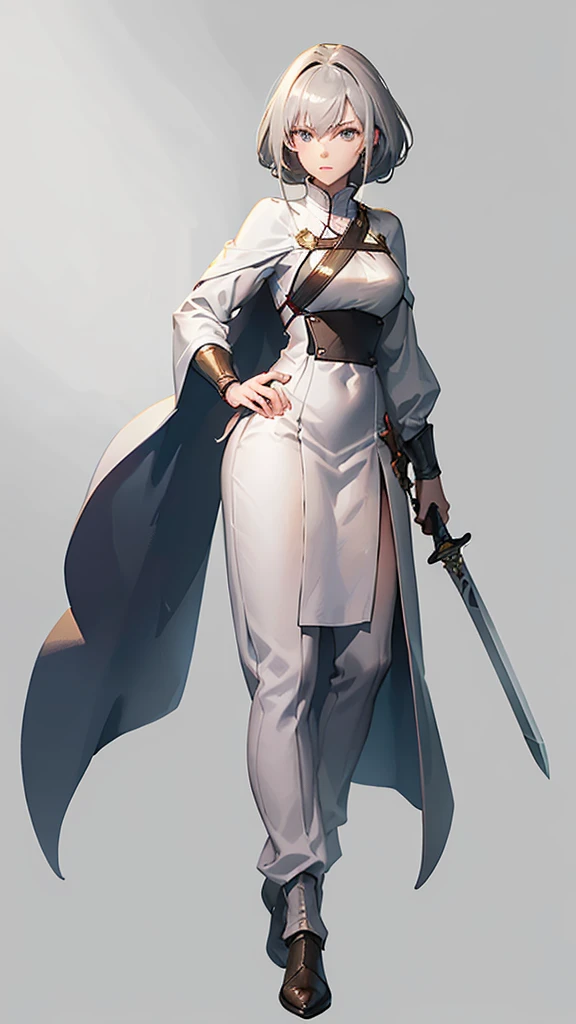 ((Pause)), (To the camera), Character Design, (Young people), ((Female Swordsman), White skin, (Medieval), brown, Gray Hair, Full body side view, Holding a sword, (Perfect quality), Pure white background