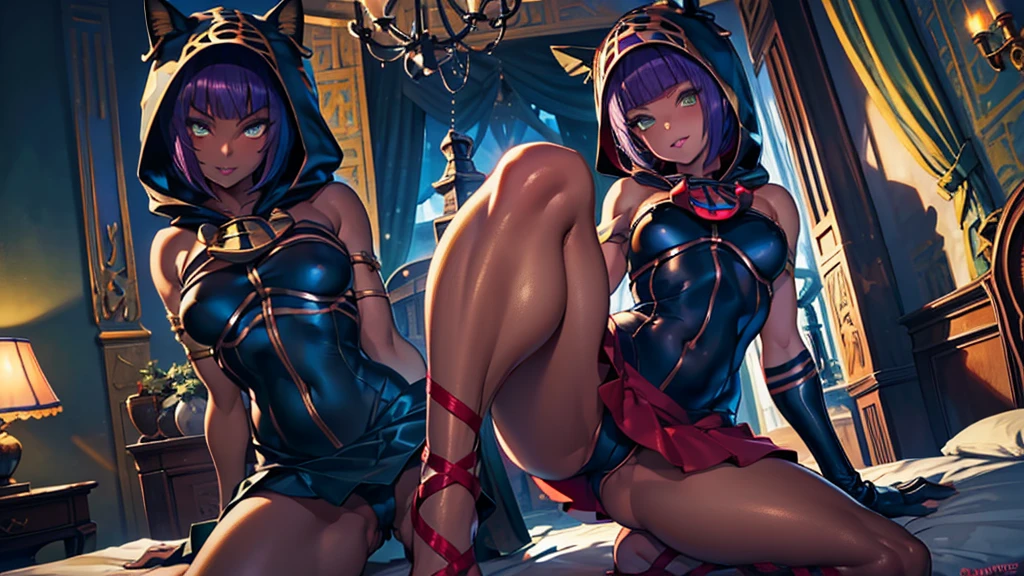 Masterpiece, best quality, absurdres, ((1girl)), , menat_holiday,  light smile, dark skin, Green eyes, egyptian, bob cut, red dress, (black hood), black gloves,(shiny thighs),, , bare shoulders,sexy thighs,beautiful hip line,((solo)),,evil smile,,,in bedroom,upskirt,doggy style,parted lips,lip,