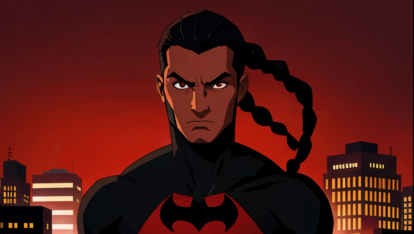 Batman without mask with brown skin color, with black braids, on top of a building with a red background
