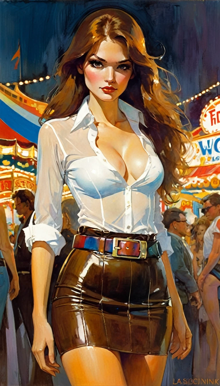 the sexy girl at the fair, long brown hair, small breasts, tight miniskirt, cleavage, white shirt, see-through, belt, very sexy, lascivious,(art inspired in Bill Sienkiewicz). oil painting)