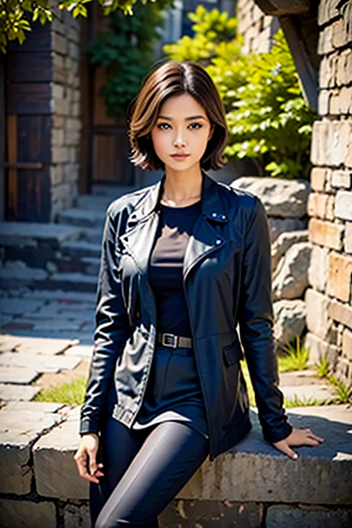 a beautiful girl, 25 years old, with very short hair, dark hair, in a dark fabric traveler's jacket, sits on the ground near the wall in a cave, leaning against the wall with her head thrown back, a thoughtful look, a dark rock wall in the background, experimental frame, rich bright dark palette of colors, oil painting