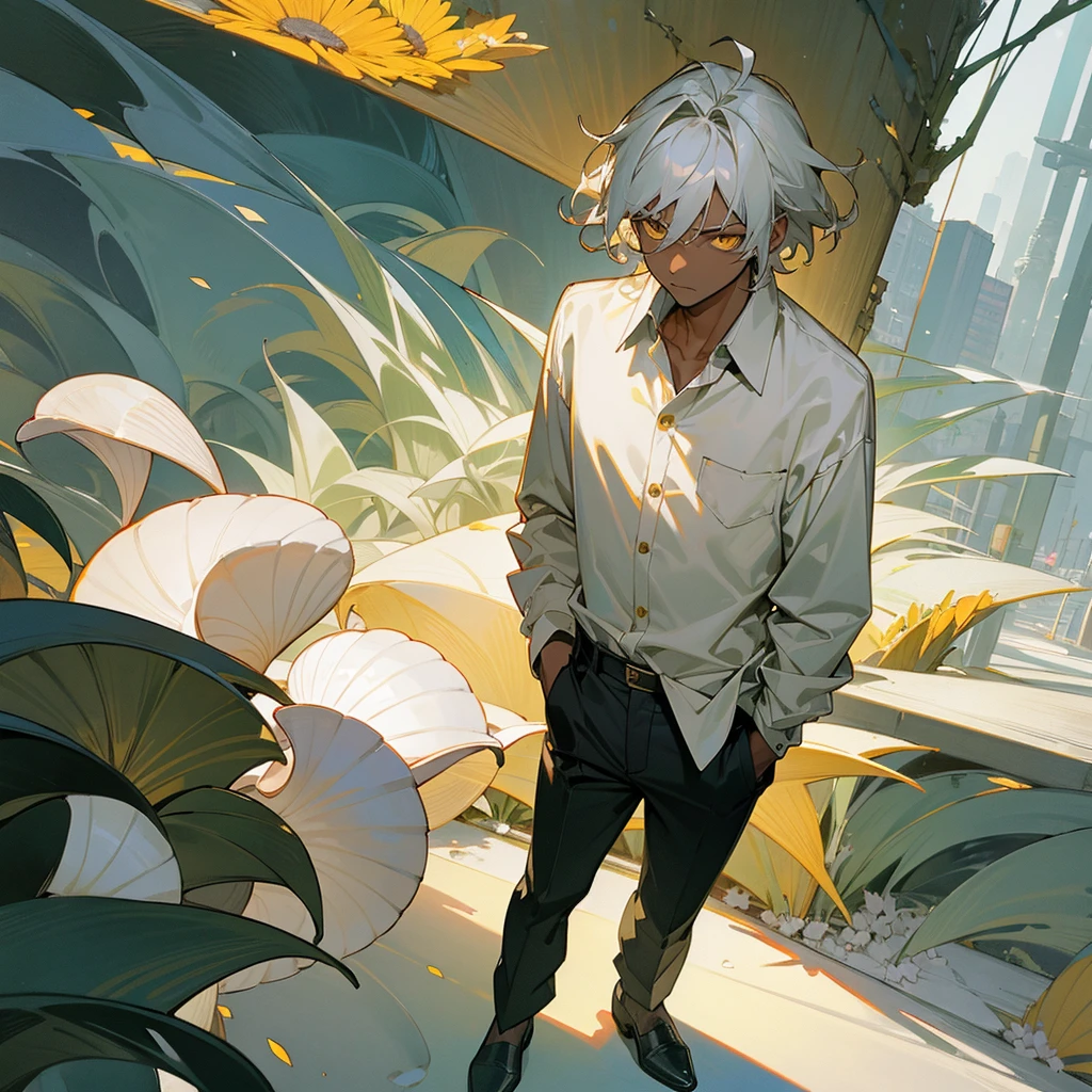 1male, young teen, dark skin, finely detailed yellow eyes, wild medium hair, seashell white hair color, button down shirt, , standing with hand In pocket, tokyo streets, day time, somber expression, muscular, flowers