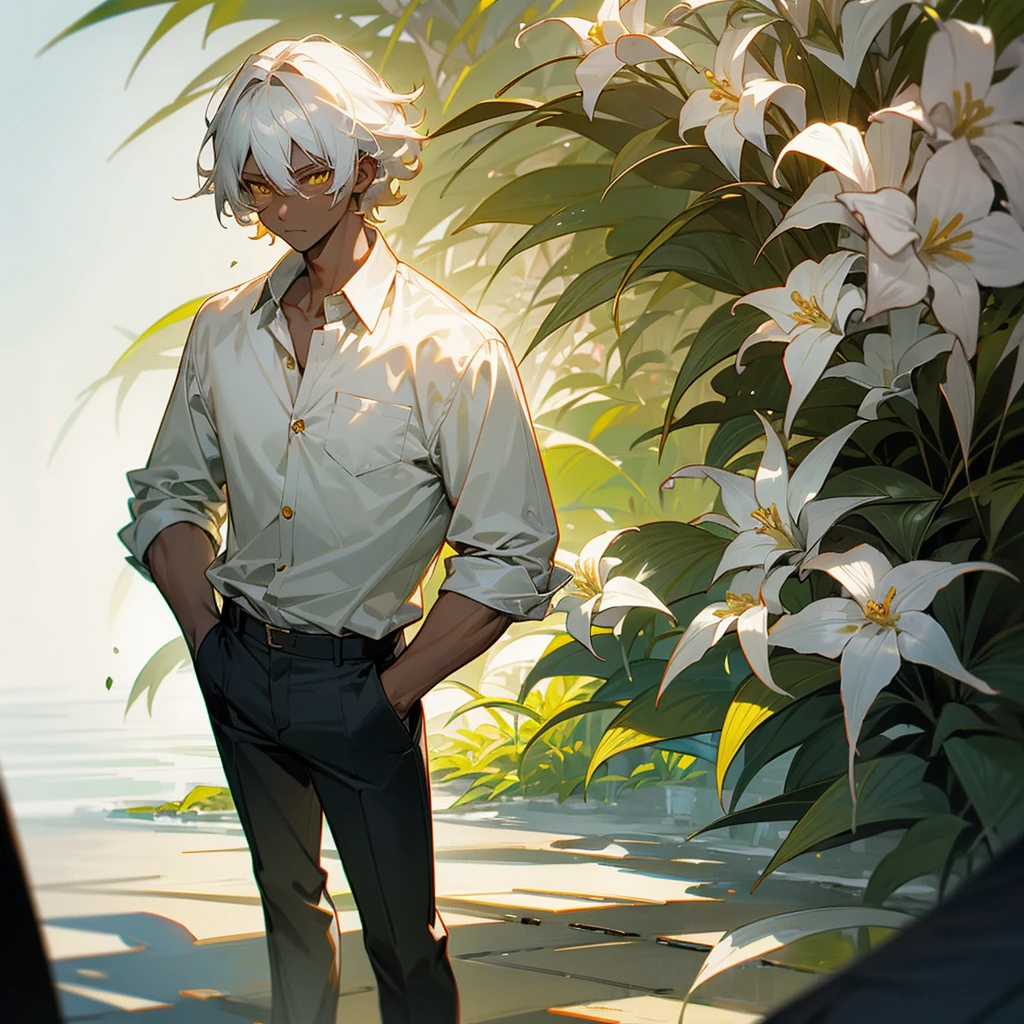 1male, young teen, dark skin, finely detailed yellow eyes, wild medium hair, seashell white hair color, button down shirt, , standing with hand In pocket, tokyo streets, day time, somber expression, muscular, flowers