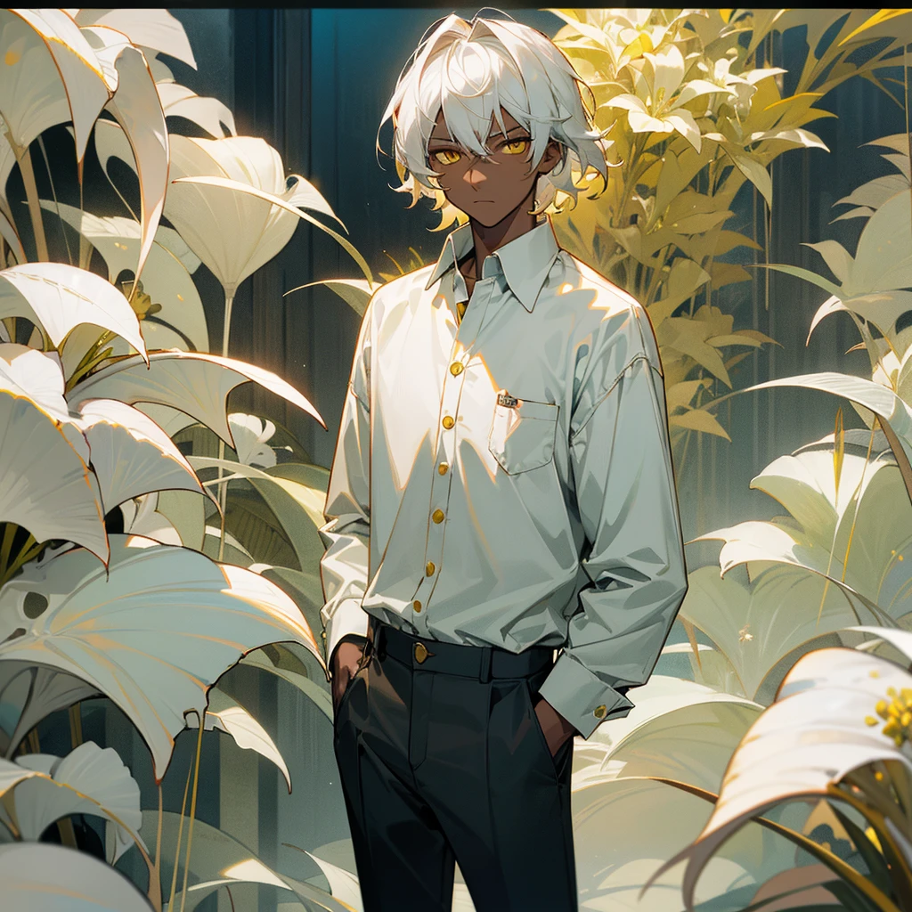 1male, young teen, dark skin, finely detailed yellow eyes, wild medium hair, seashell white hair color, button down shirt, , standing with hand In pocket, tokyo streets, day time, somber expression, muscular, flowers