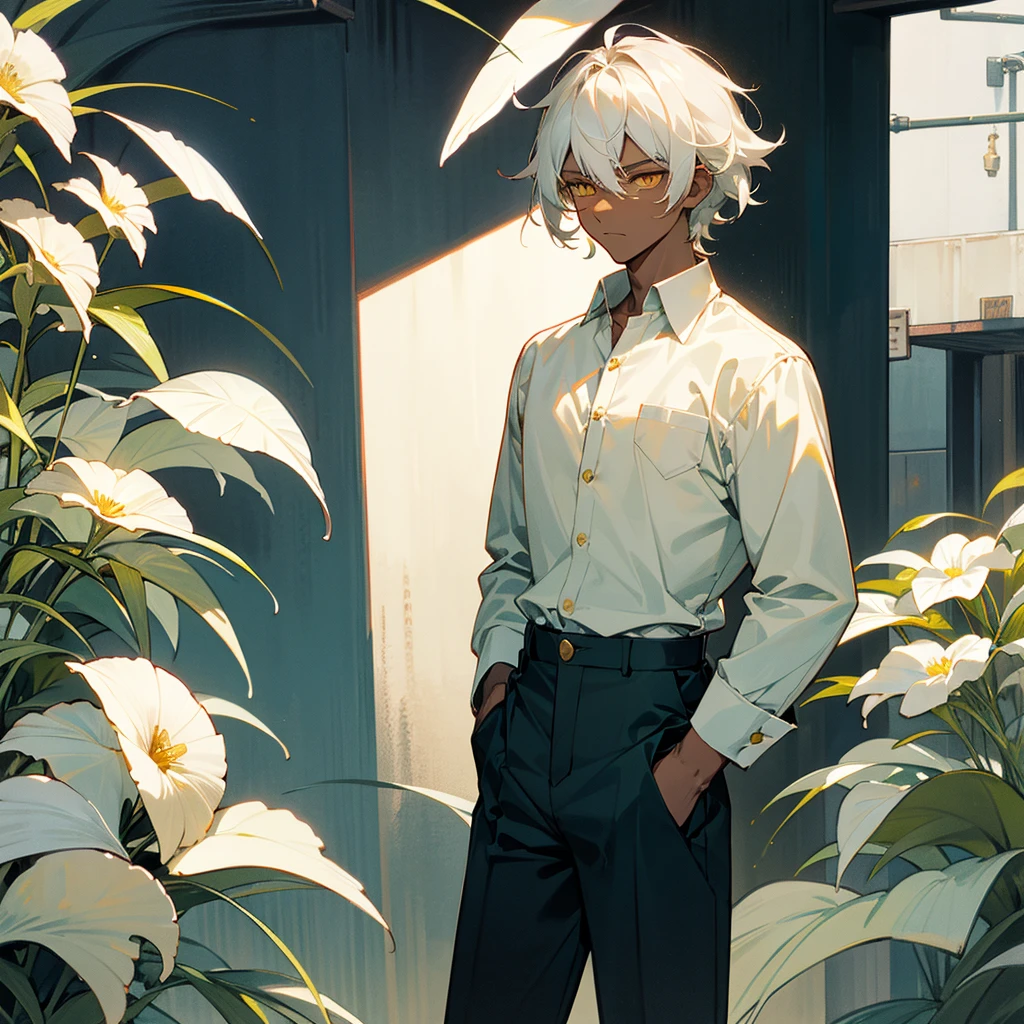 1male, young teen, dark skin, finely detailed yellow eyes, wild medium hair, seashell white hair color, button down shirt, , standing with hand In pocket, tokyo streets, day time, somber expression, muscular, flowers