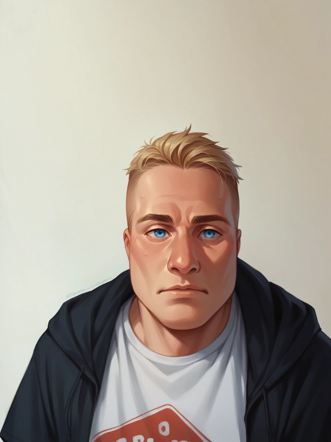 blond, blue colored eyes, Grinning, blue t-shirt