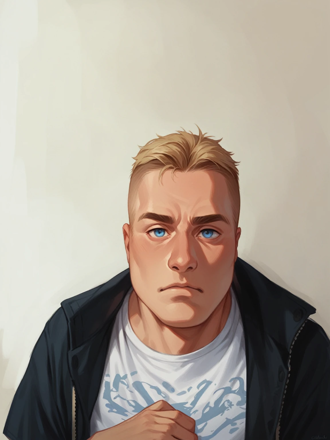 blond, blue colored eyes, Grinning, blue t-shirt
