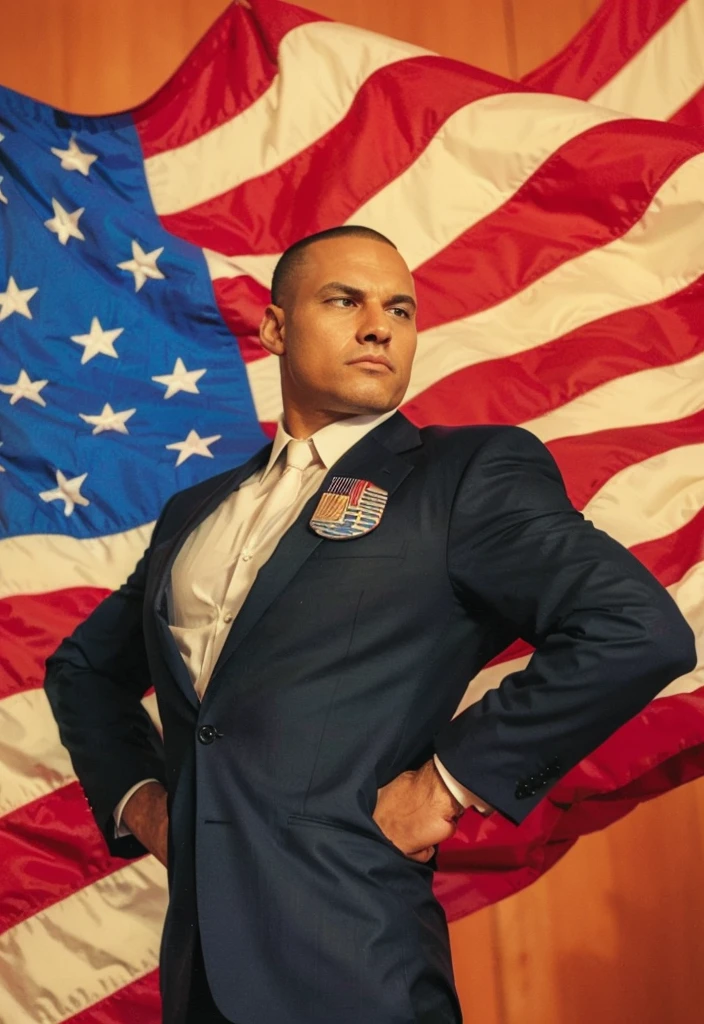 Bad man in a suit, usa flag in the Background